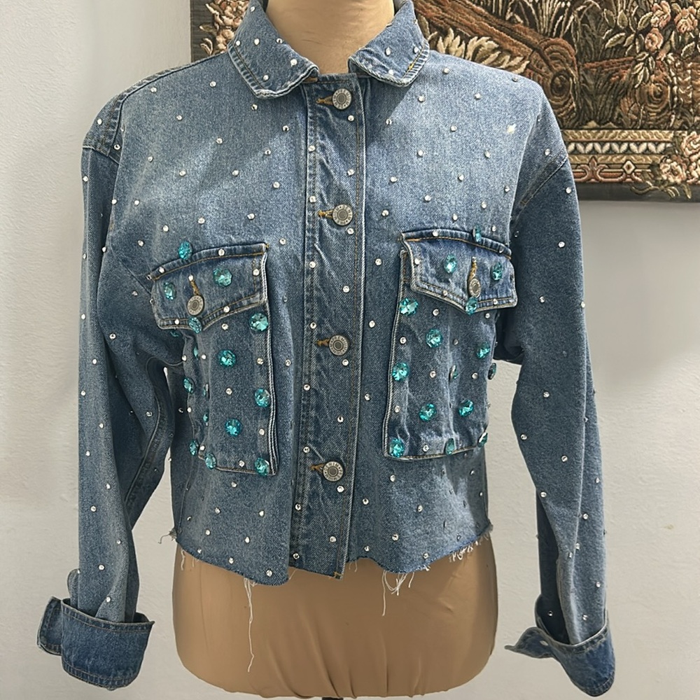 Custom Made Evil Eye New With Tags Love Tree Bling Denim Cut off Jacket. Size M - Picture 7 of 17